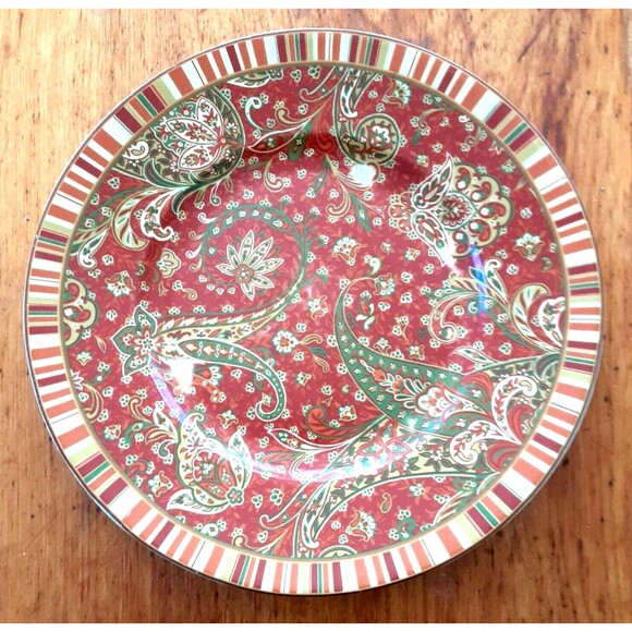 Pair (2) 222 Fifth Maharana Plates Lunch 9" bohemian red paisley green gold tone - Picture 2 of 6